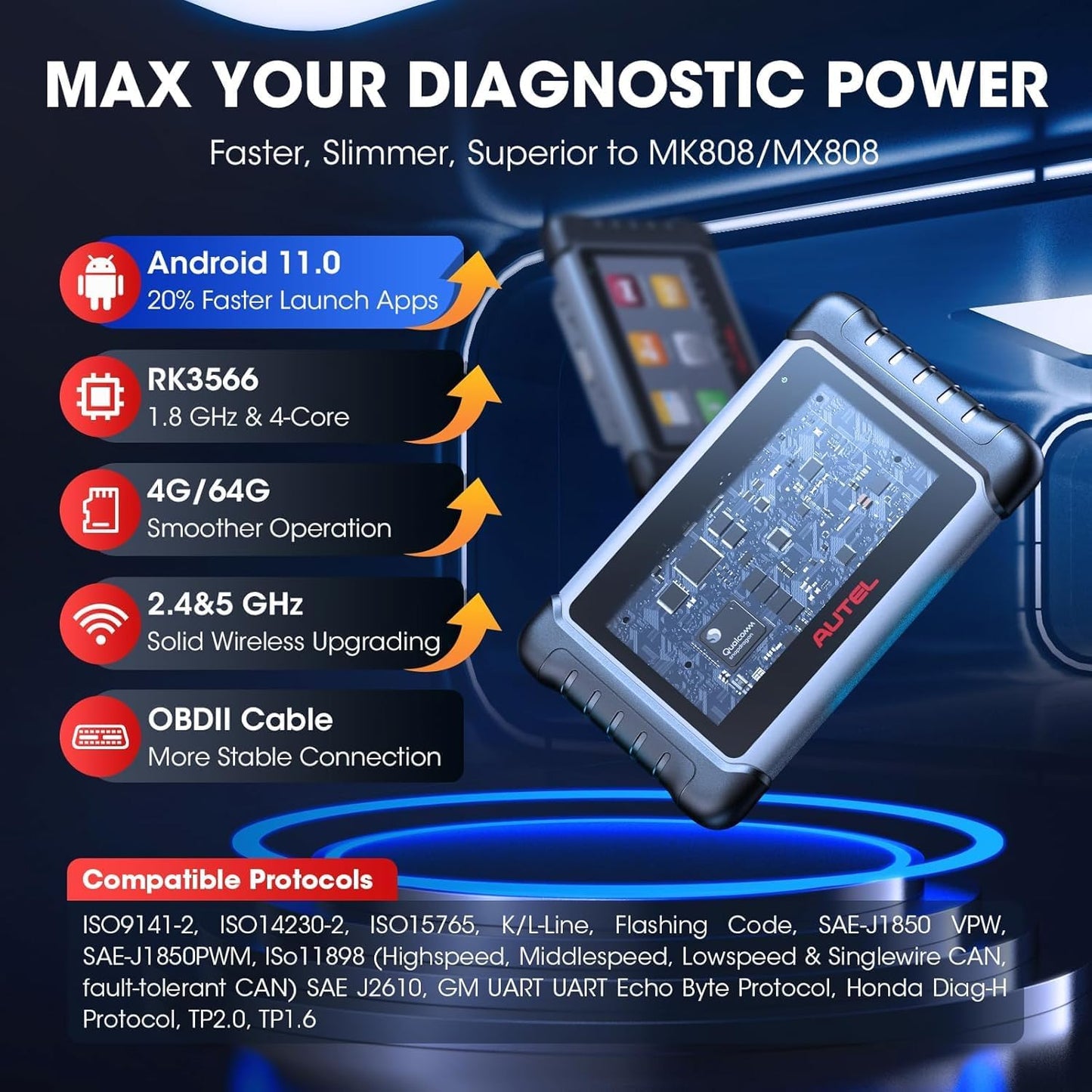 Autel Scanner MaxiCOM MK808S: 2025 Bidirectional Tool as MK808BT Pro MX808S M808Z. Function as MaxiCheck MX900. 28+ Service. Active Test. All System Diagnose. Injector Coding. FCA Autoauth Android 11