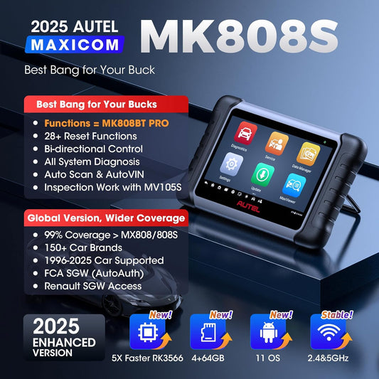 Autel Scanner MaxiCOM MK808S: 2025 Bidirectional Tool as MK808BT Pro MX808S M808Z. Function as MaxiCheck MX900. 28+ Service. Active Test. All System Diagnose. Injector Coding. FCA Autoauth Android 11